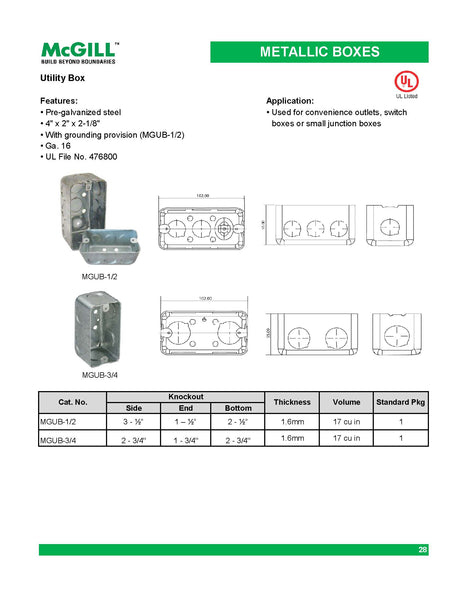 McGill Utility Box Side KO-2X3/4" End KO-1X3/4" Bottom KO-2X3/4"  Model# MGUB-3/4