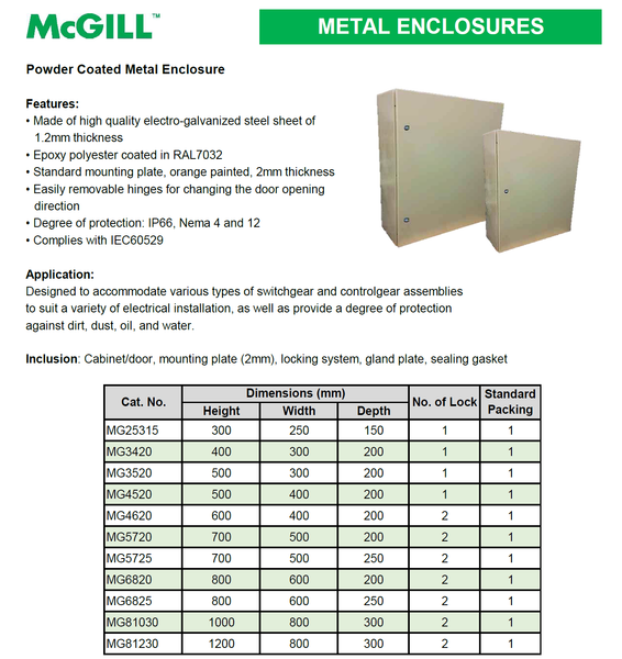 McGill Metal Enclosure 400 x 300 x 200 IP65 Model# MG3420