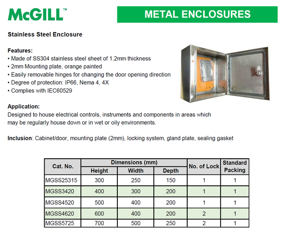McGill Stainless Steel Metal Enclosure 400 X 300 X 200 IP65 Model# MGSS3420