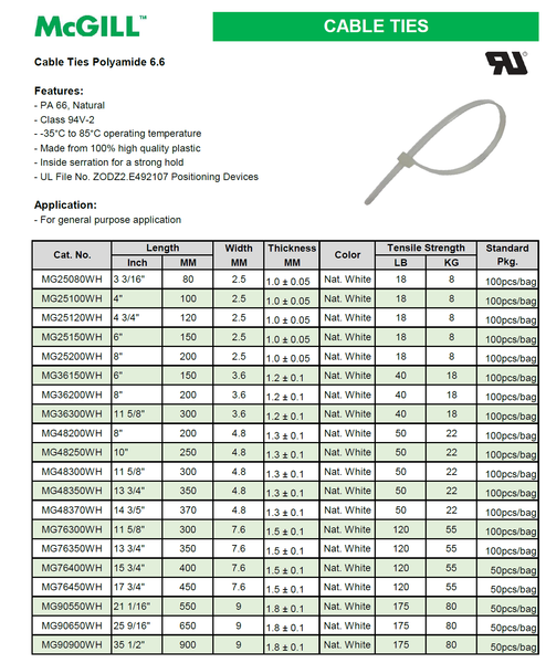 McGILL Cable Ties- 4.8 X 250MM White Model# MG48250WH