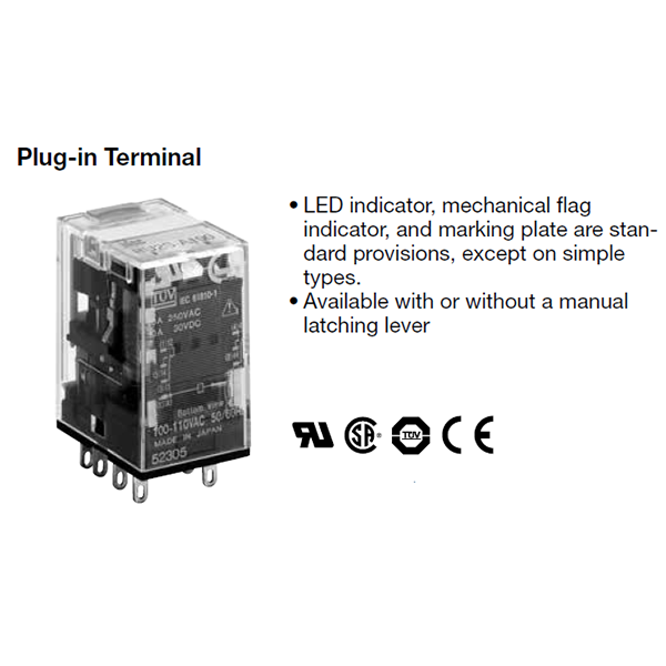 IDEC Universal Relay 10A DPDT 24VDC Standard W/LED Lamp Latching Lever Model# RU2S-D24