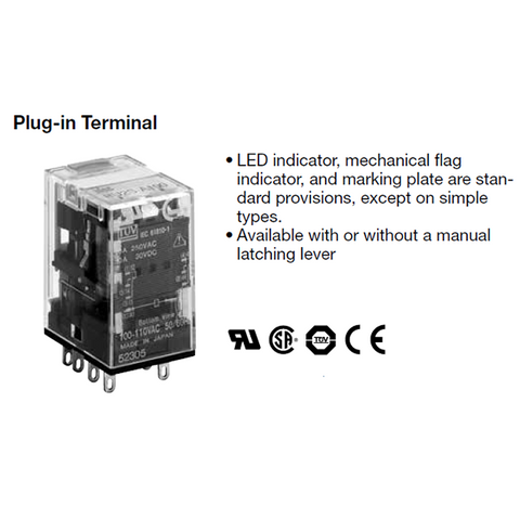 IDEC Universal Relay 10A DPDT 24VDC Standard W/LED Lamp Latching Lever Model# RU2S-D24