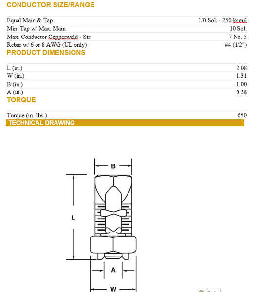 Penn Union Copper Split Bolt Connector 1/0 Sol. to 250 kcmil  Model# S–4/0–250