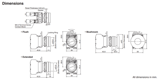 IDEC Pushbutton Switch, 22mm, Flush, Momentary, 1NO, Black Model# YW1B-M1E10B