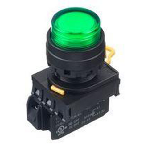 IDEC Illum.(LED) Pushbutton Switch, 22mm, Extended, Maintained, NO, 230-240VAC/DC, Green Model# YW1L-A2E10QM3G