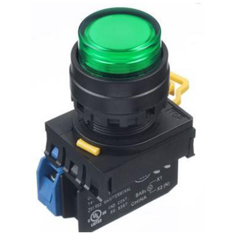 IDEC Illum.(LED) Pushbutton Switch, 22mm, Extended, Momentary, NO, 240VAC/DC, Green Model# YW1L-M2E10QM3G