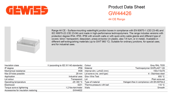 GEWISS Electrical Junction Box Transparent Clear Lid 150X110 X70 IP56 Model# GW 44 426