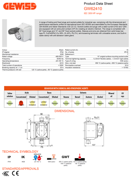 Gewiss 10° Angled Surface-Mounting Socket-Outlet- IP44 - 3P+E 16A 480-500V 50/60HZ Model# GW 62 410