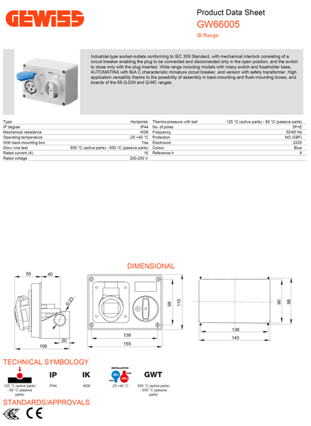 Gewiss Fixed Interlocked Horizontal Socket Outlet with Bottom without fuse holder base 3P+E 16A 200-250V - 50/60HZ 9H - IP44 Model# GW 66 005