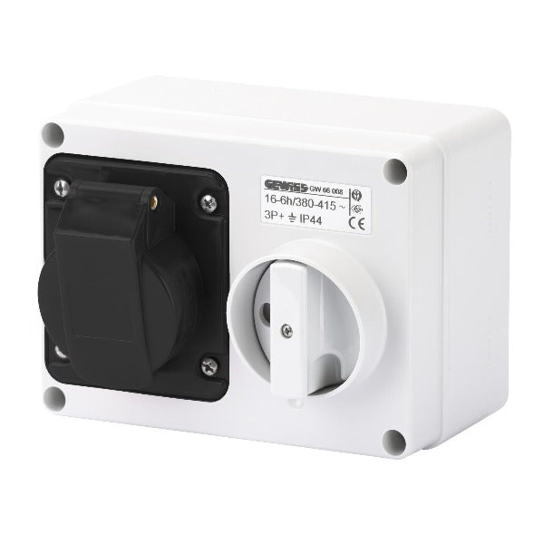 Gewiss Fixed Interlocked Horizontal Socket Outlet with Bottom without fuse holder base 3P+E 16A 480-500V - 50/60HZ 7H - IP44 Model# GW 66 010