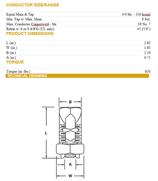 Penn Union Copper Split Bold Connector 4/0 Str. - 350 kcmil Model# S-350