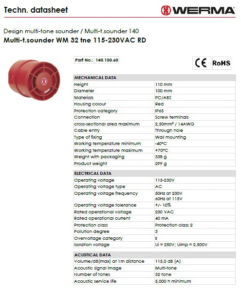 Werma Multi-Tone Sounder 115-230V AC, 6-32 Tones Model# 140.150.60