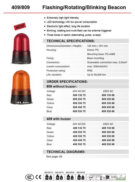 Werma Signal LED Rotating Beacon RED 230VAC with Buzzer Model# 409.130.68